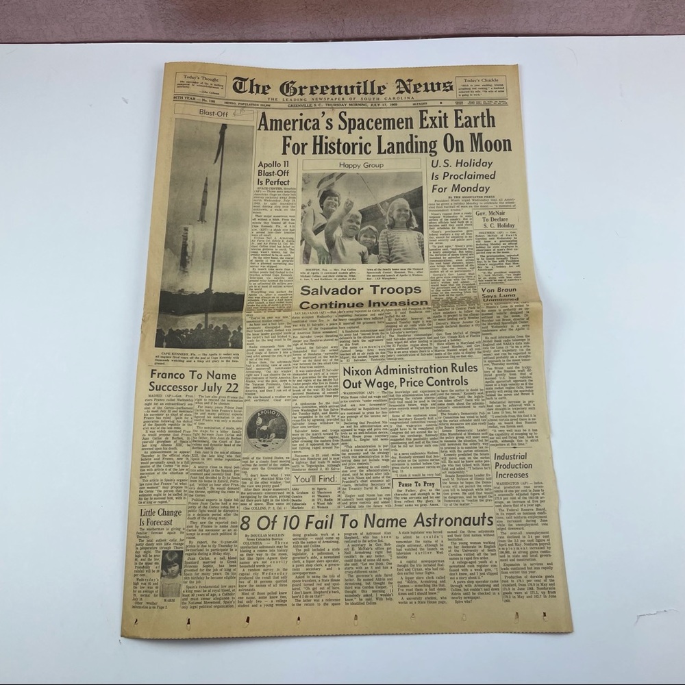 Vintage The Greenville News Newspaper July 17, 1969 Space Moon Astronaut